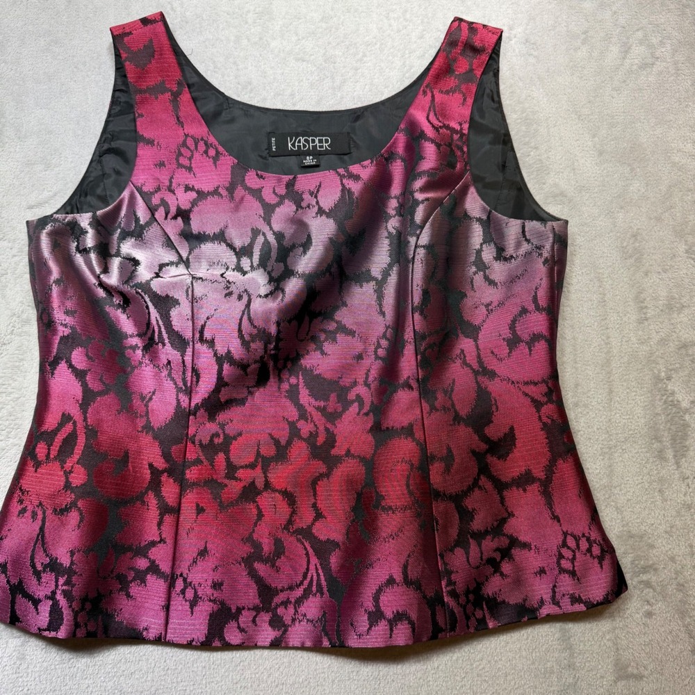 Kasper Petite Pink‎ Black Floral Brocade Sleeveless Shell Top 8P JD527C207 Y2K